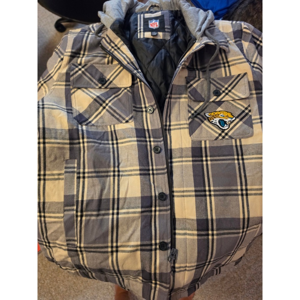 NFL Jacksonville Jaguars Mens Hooded Plaid Shirt Jacket Quilted Lined Grey Large - Picture 6 of 6